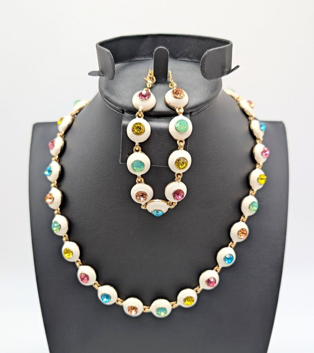 Cream Enamel Multicolor Crystal Rhinestone Necklace & Bracelet Set